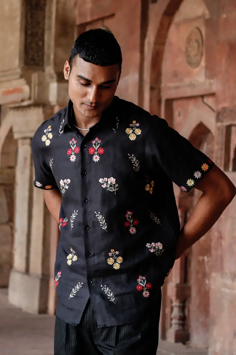 100% Hemp Black Embroidered Bloom Shirt