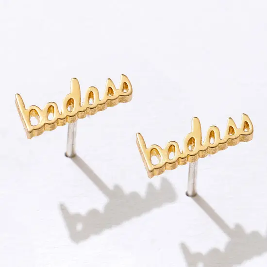 14K Gold Plated Badass Script Stud Earrings