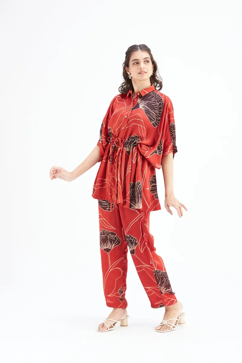 Amae Red Printed Cotton Co-ord set