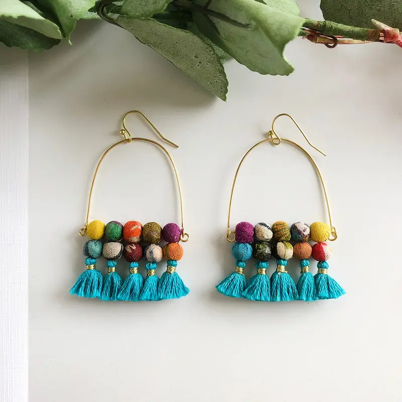 Arched Tassel & Kantha Bead Hoops
