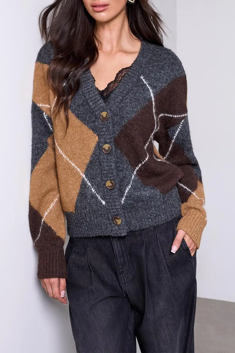 Argyle Button-Front Cardigan in Heather Charcoal