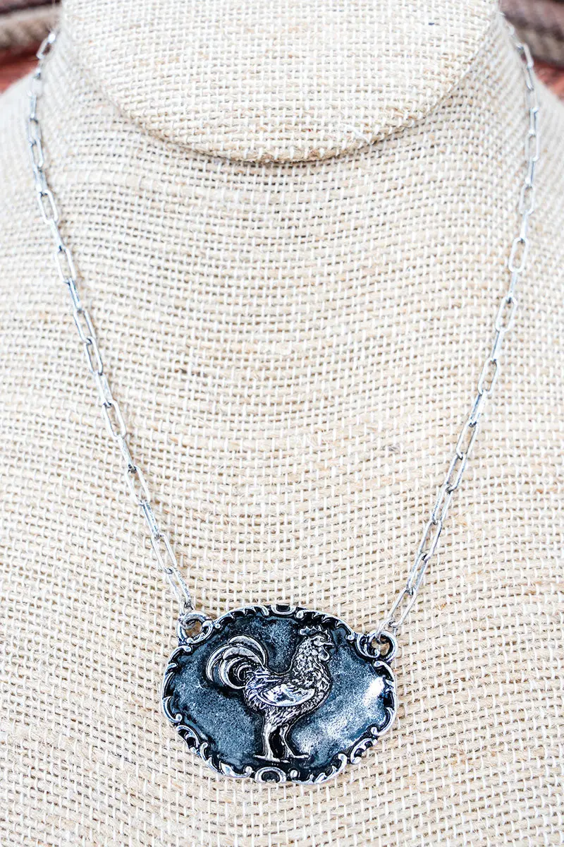 Barnyard Belle Rooster Silvertone Necklace