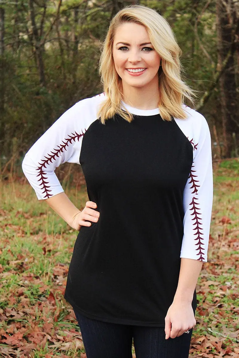 Baseball Laces 3/4 Sleeve Raglan Tee, Black
