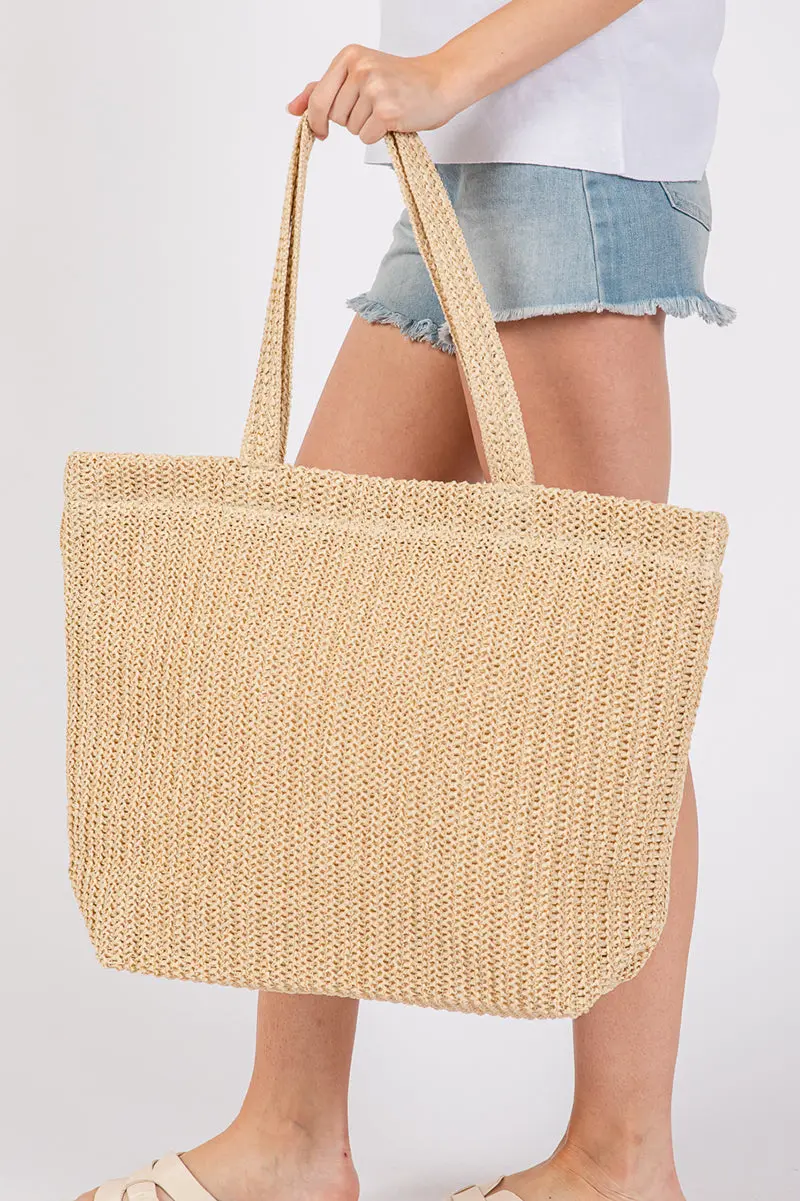 Beachbound Beige Crochet Straw Tote Bag