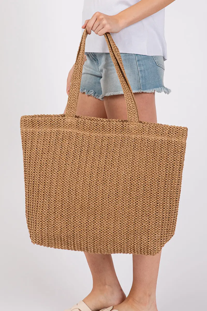Beachbound Taupe Crochet Straw Tote Bag