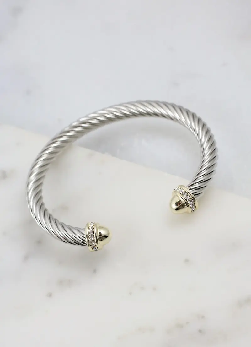 Becks CZ Accent Two Tone Cable Bracelet Silver