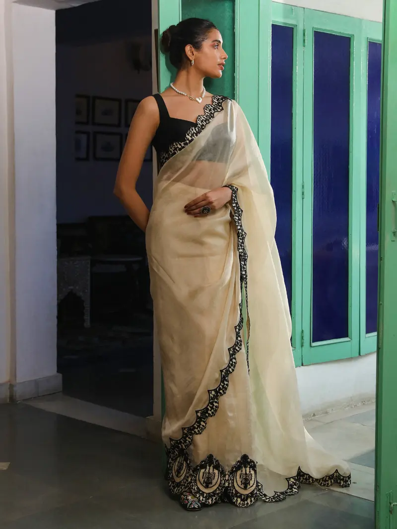 Beige and Black Viscose Silk Saree Set
