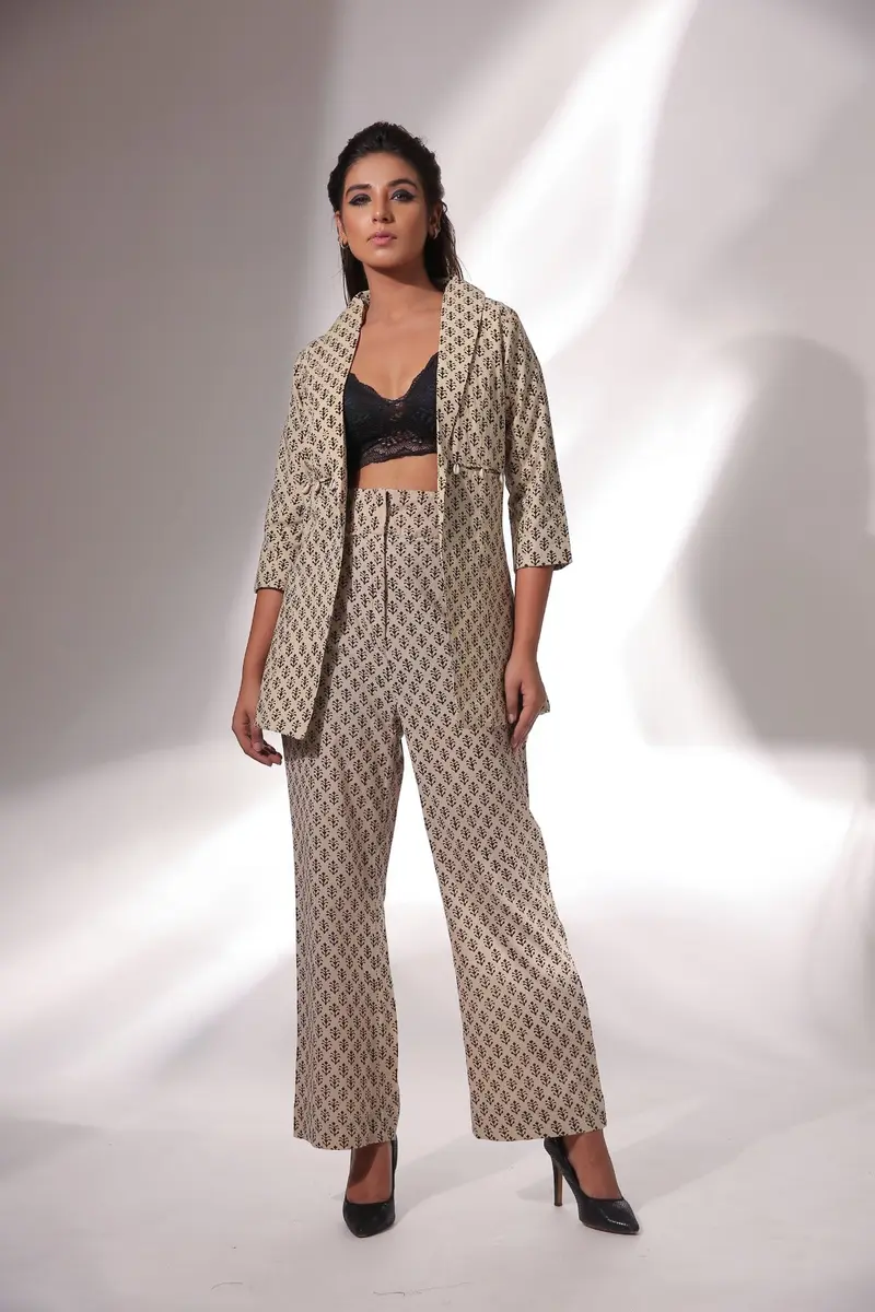 Beige Block Print Blazer And Pant Set