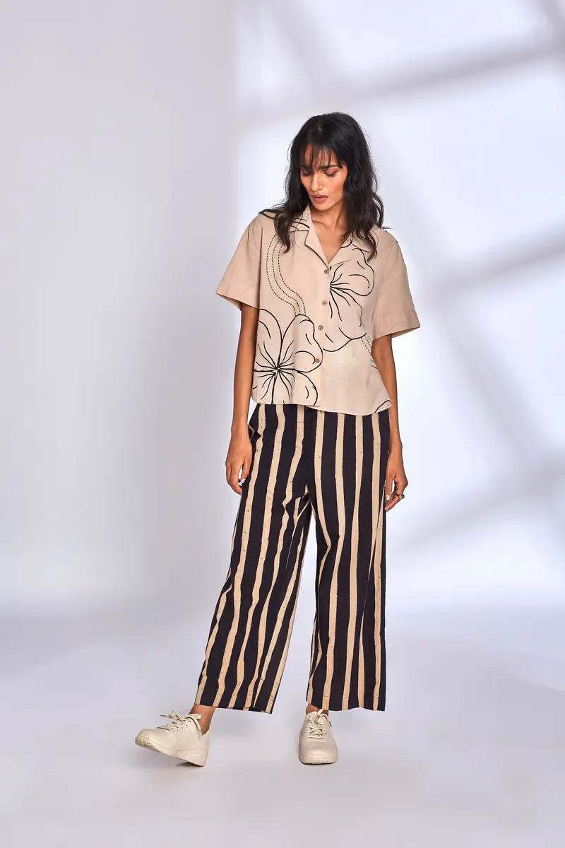 Beige Co-ord Set with Striped Pants