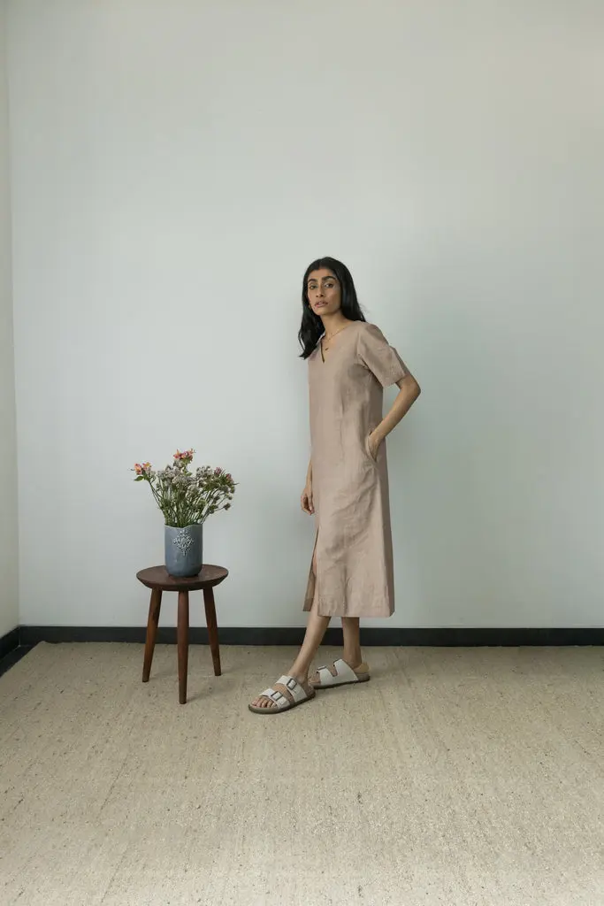Beige Cotton Hemp Midi Dress