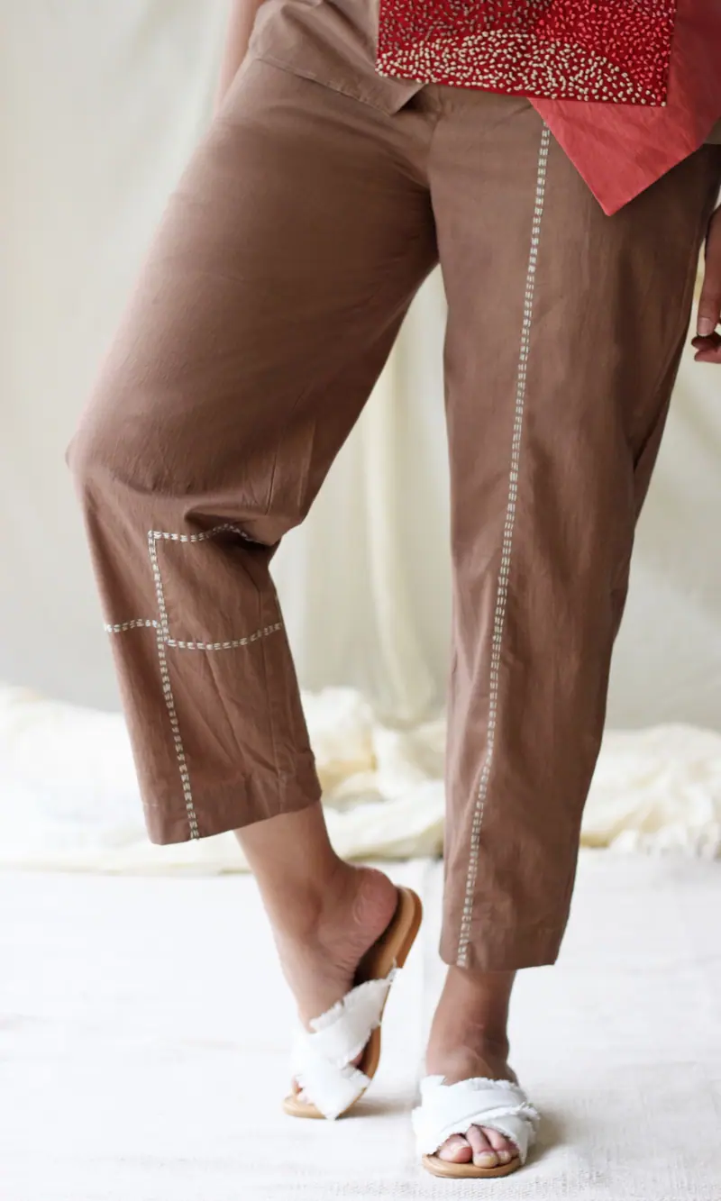 Beige Embroidered Straight Pants