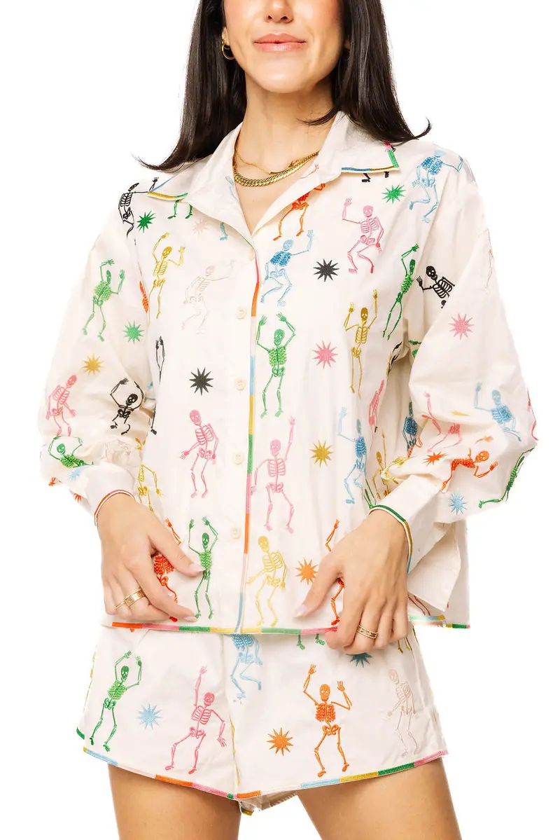 Beige Multi Skeleton Cotton Button Up Top