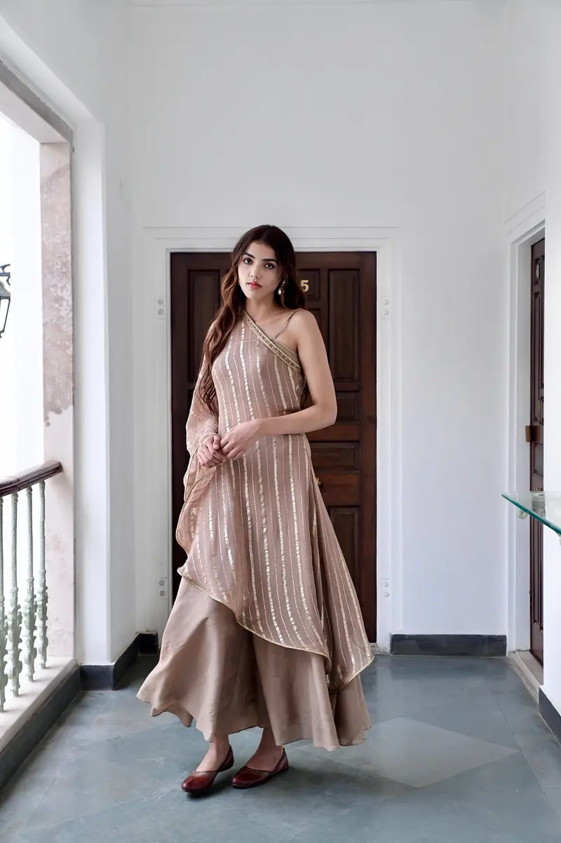 Beige One Shoulder Co-ord Set