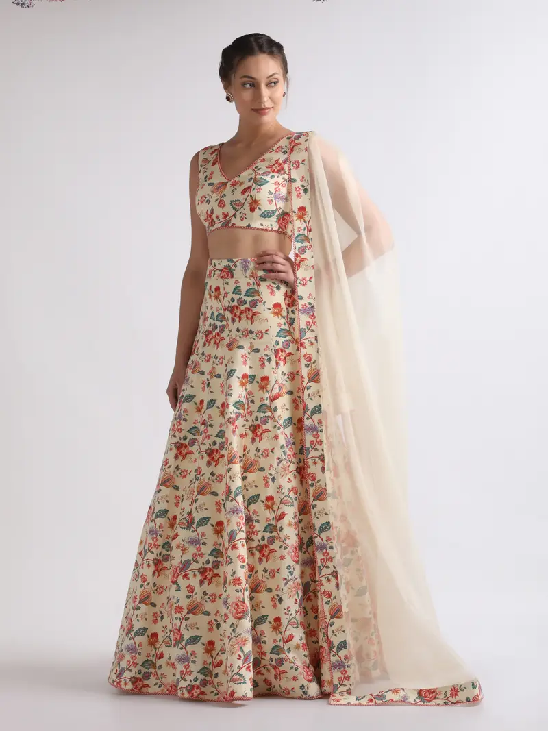 Beige Printed Organza Lehenga Set