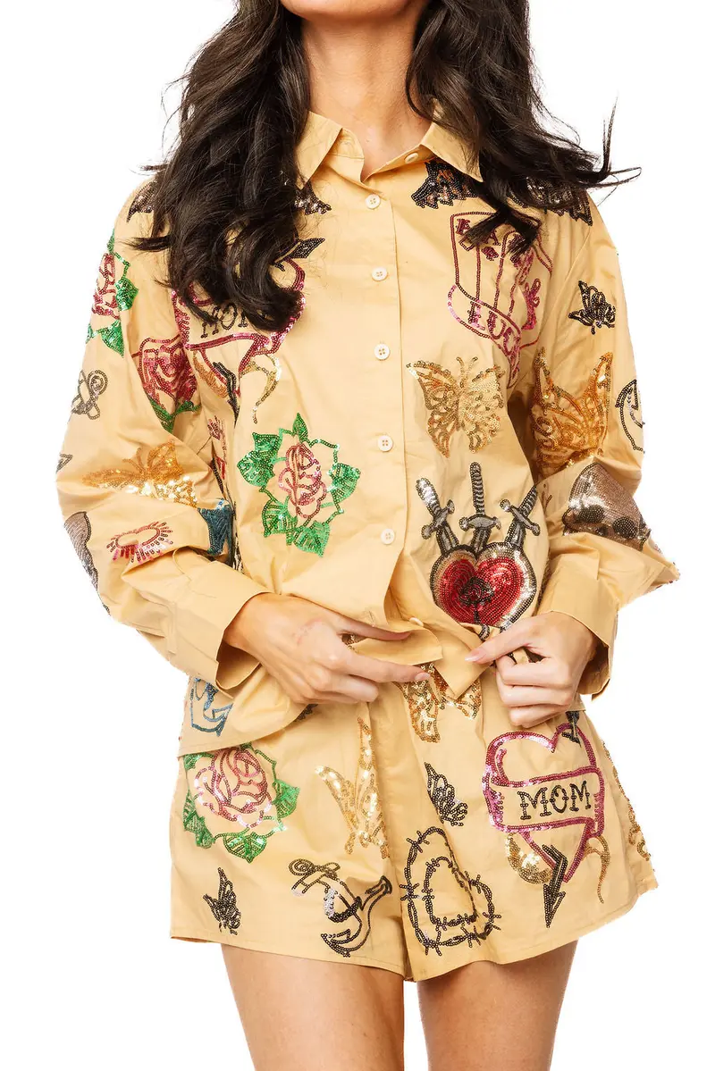 Beige Tattoo Cotton Button Up Top