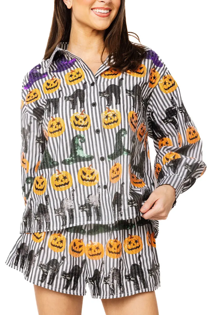 Black and White Striped Halloween Button-Up Top