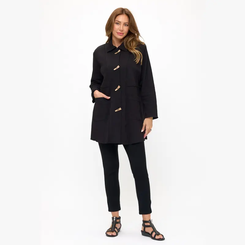 Black Cotton Jacket with Coconut Shell Buttons and Pockets