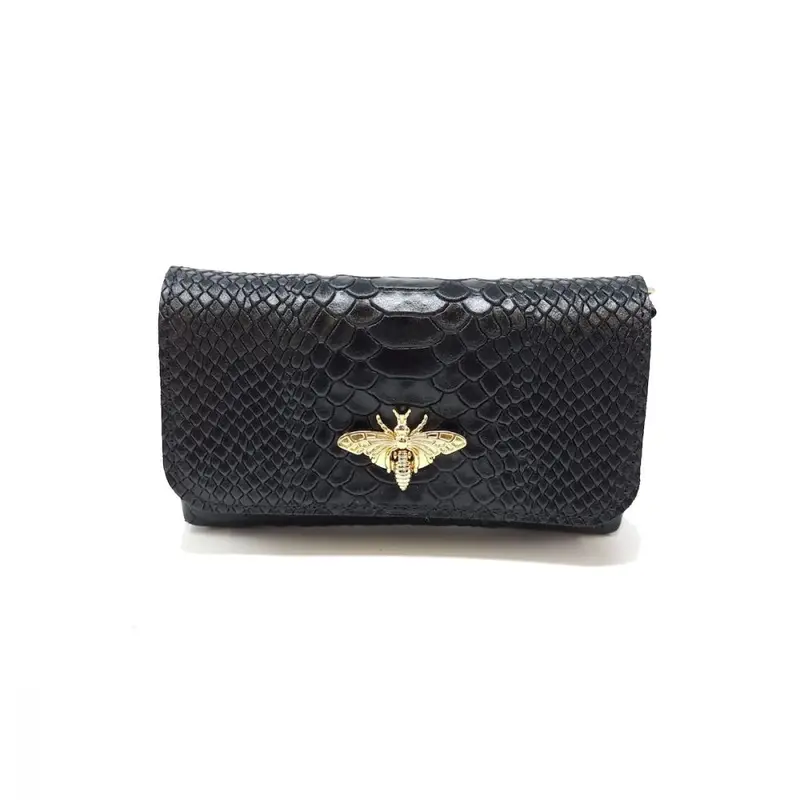 Black Croc Italian Leather Bee Bag