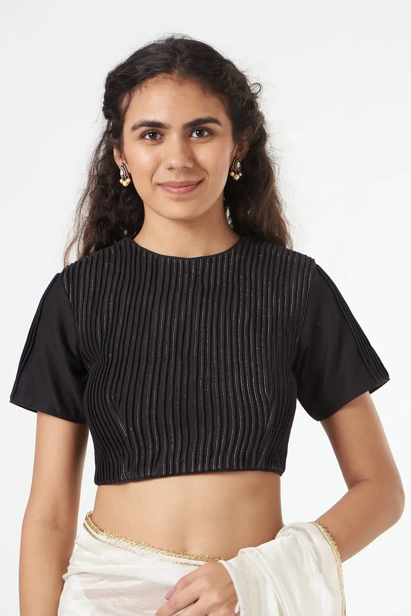 Black Embroidered Chanderi Silk Blouse With Sleeves