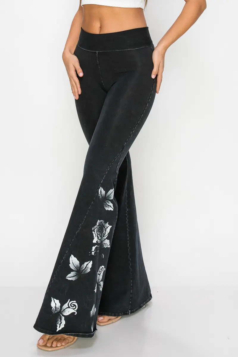 Black Pants with Printed White Rose Design