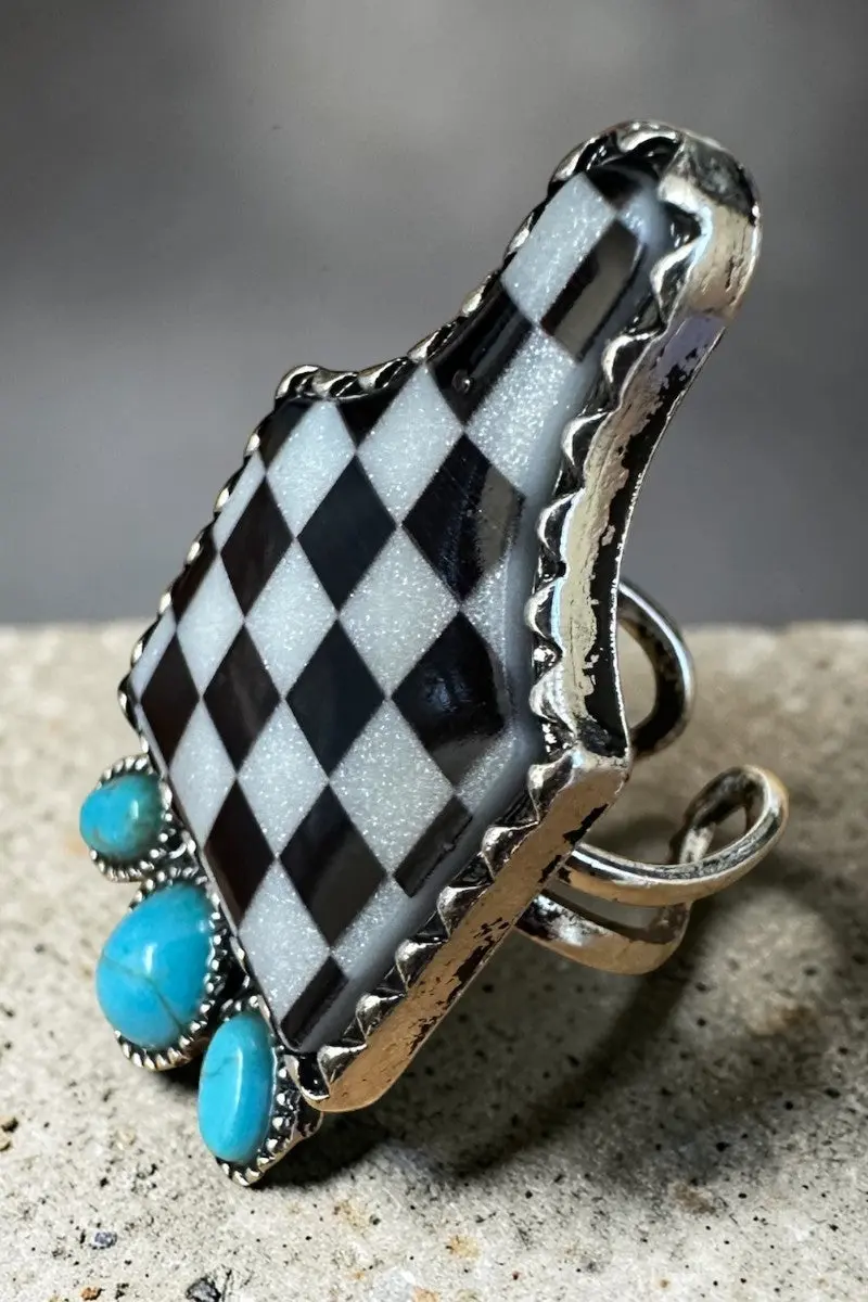 Black Prairie Check Silvertone Tag Ring