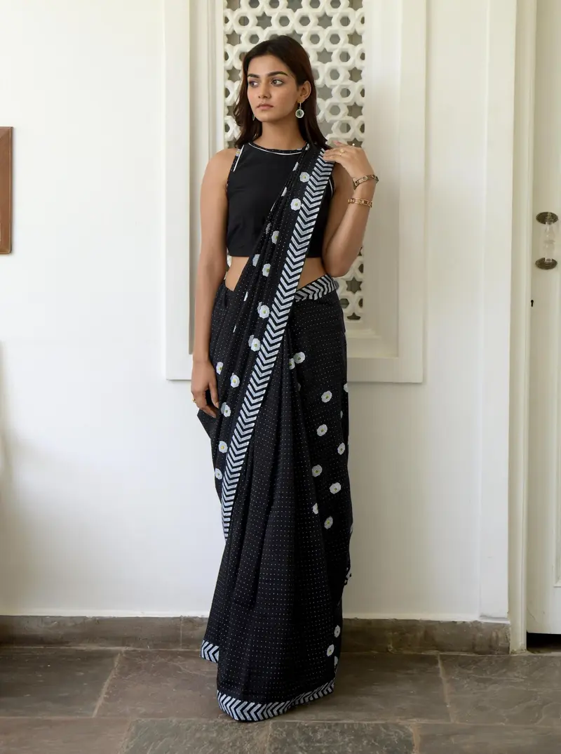 Black Printed Cotton Silk Saree Set