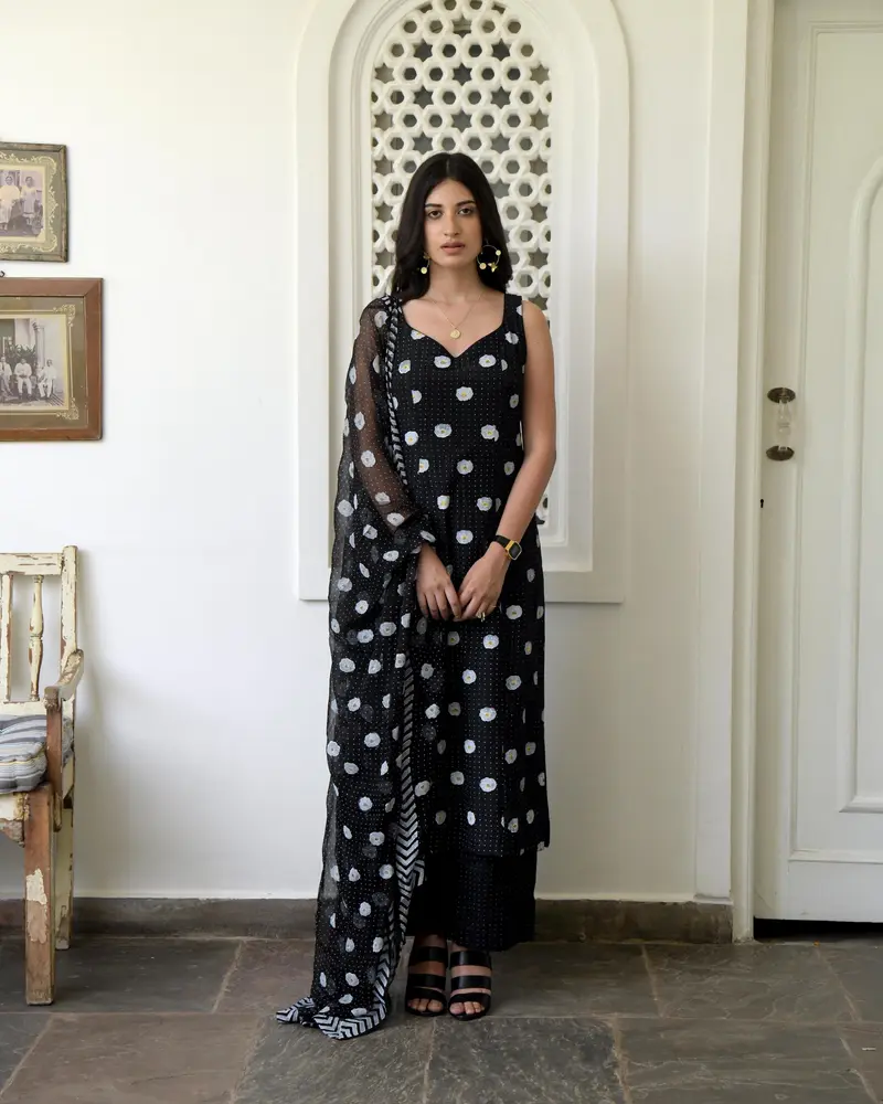 Black Printed Kurta Set With Dupatta