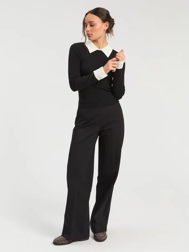 Black Ribbed Contrast-Collar Sweater