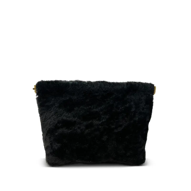 Black shearling Snap Make Up Bag