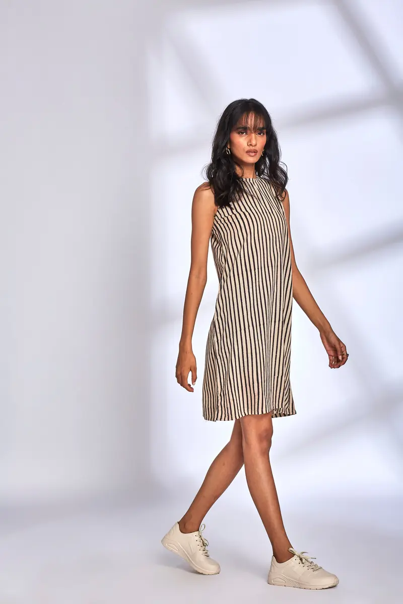 Black Striped Cotton Midi Dress