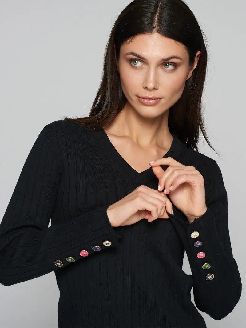 Black V-Neck Sweater with Multicolor Buttons