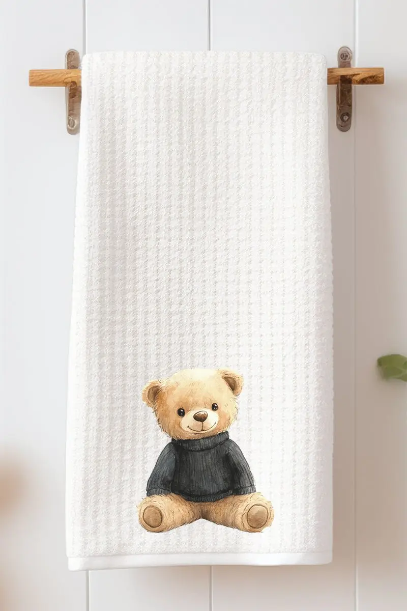 Black Vintage Teddy Bear Waffle Kitchen Towel