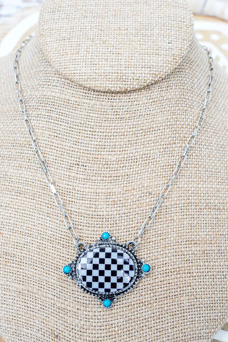 Black & White Checkered Range Silvertone Necklace