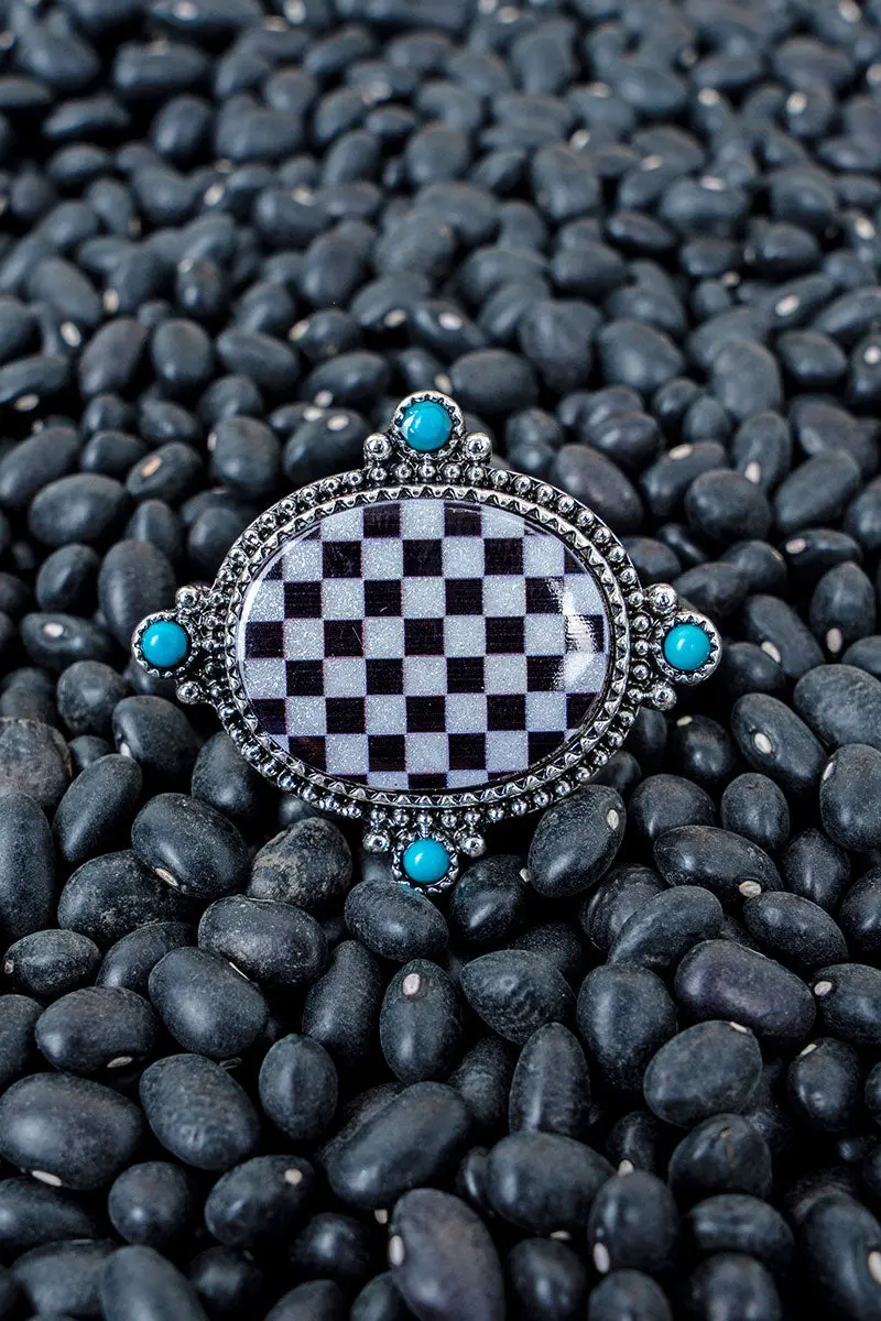 Black & White Checkered Range Silvertone Ring