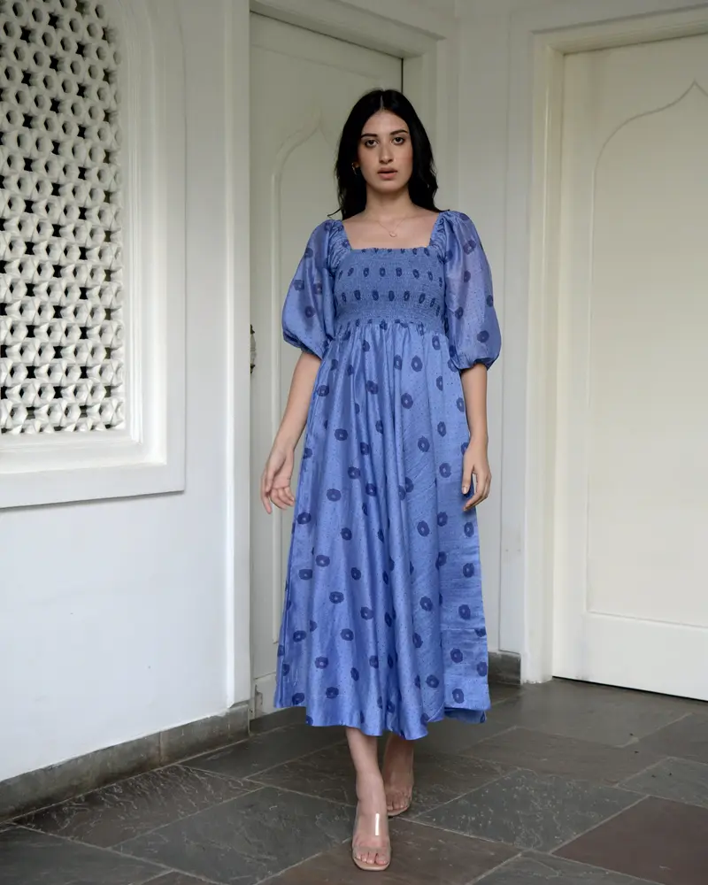Blue Chanderi Silk Midi Dress