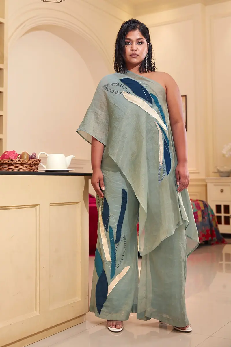 Blue Chanderi Silk One Shoulder Co-Ord Set