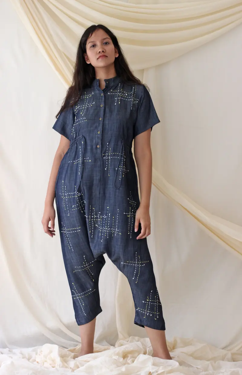 Blue Embroidered Jumpsuit
