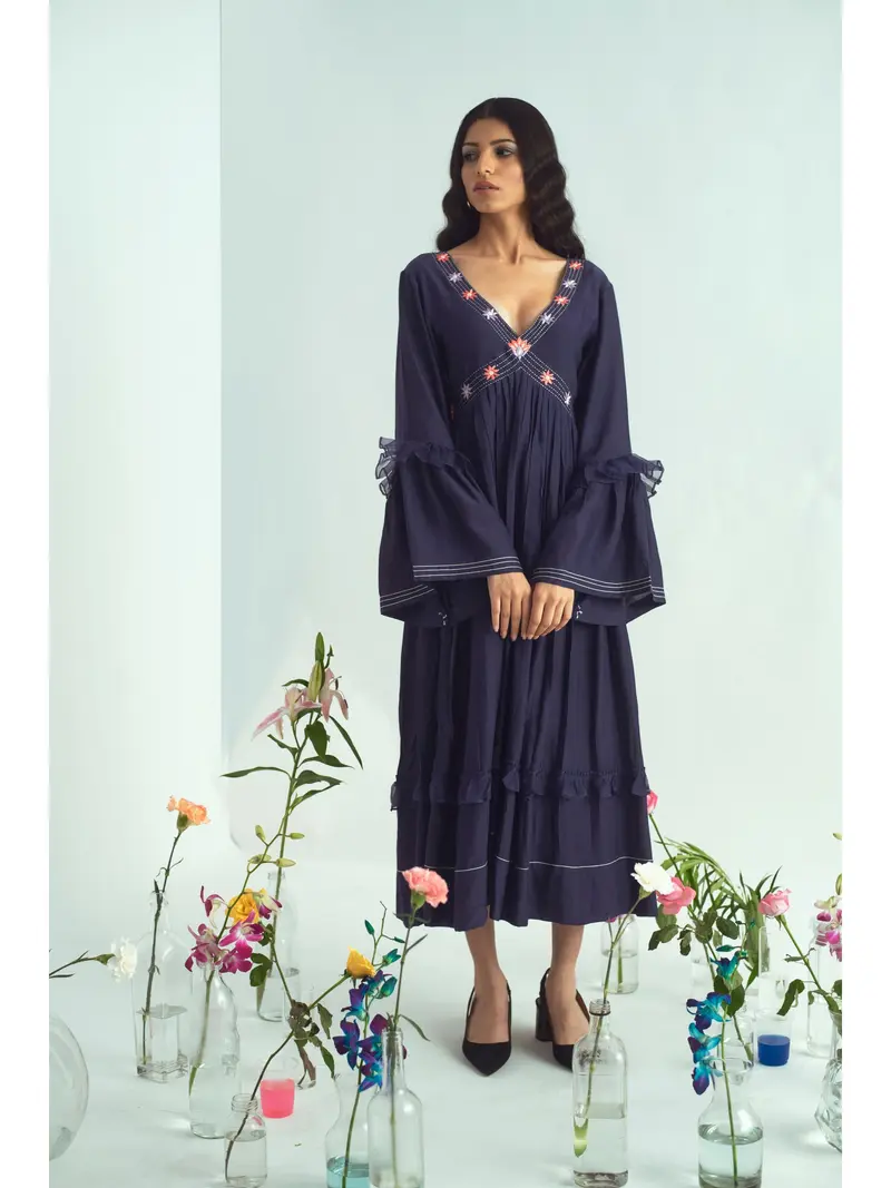 Blue Embroidered Midi Dress