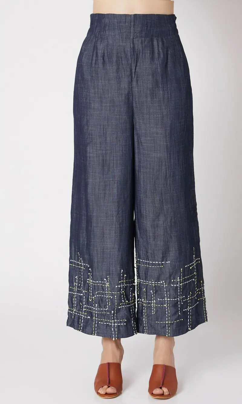 Blue Embroidered Pants