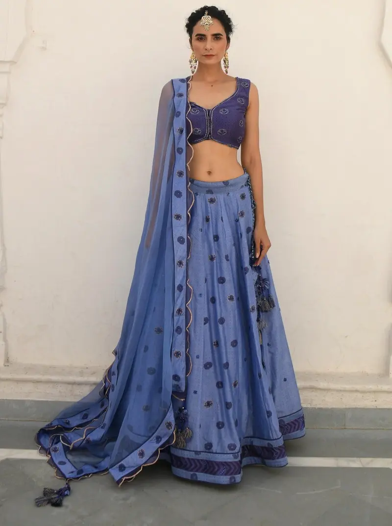 Blue Embroidered Silk Lehenga Set