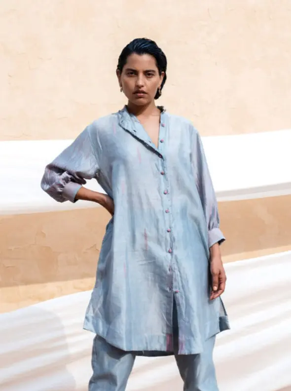 Blue Embroidered Silk Shirt