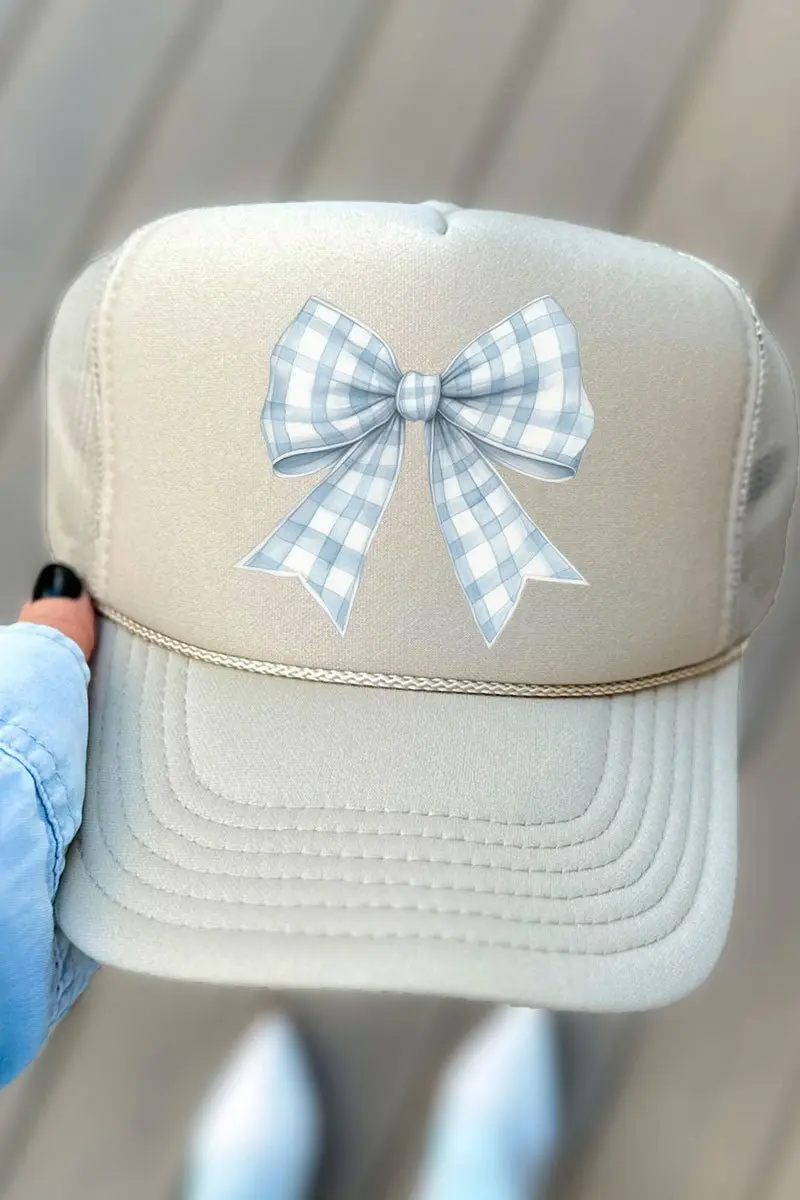 Blue Gingham Bow Otto Khaki Foam Front Trucker Hat