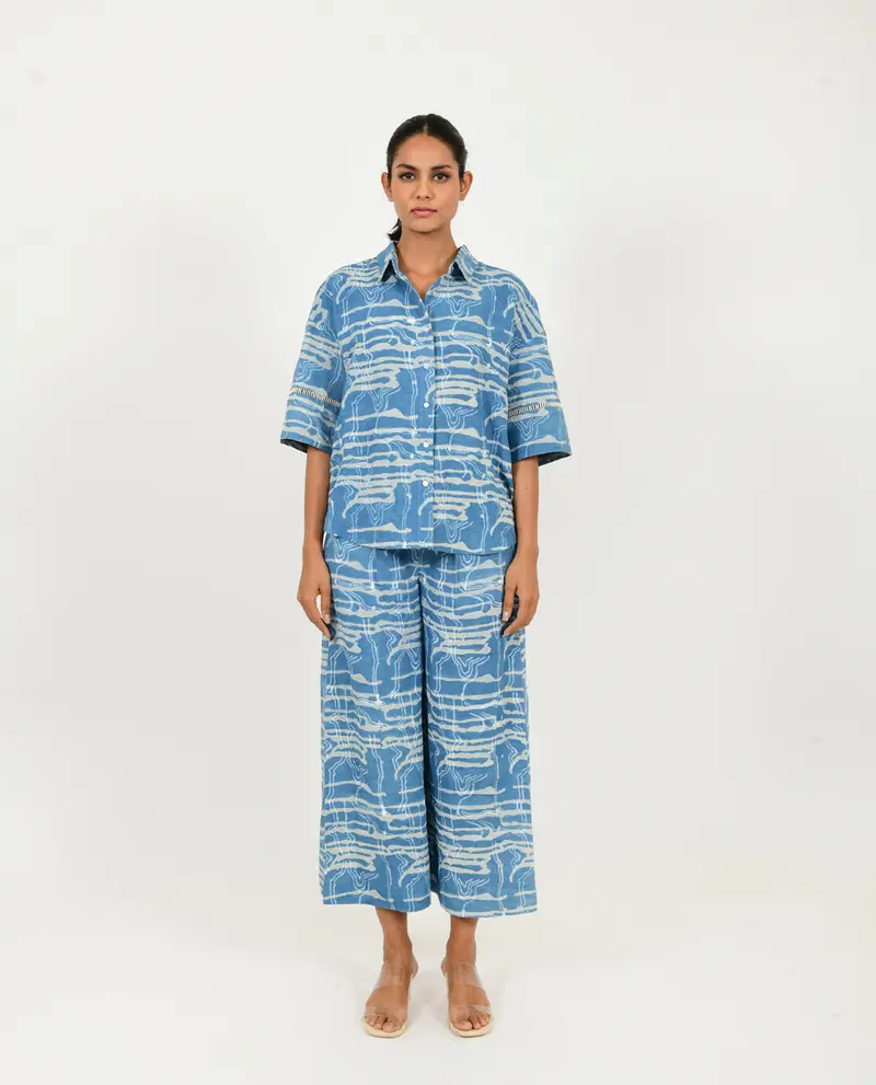 Blue Linen Printed Co-ord Set