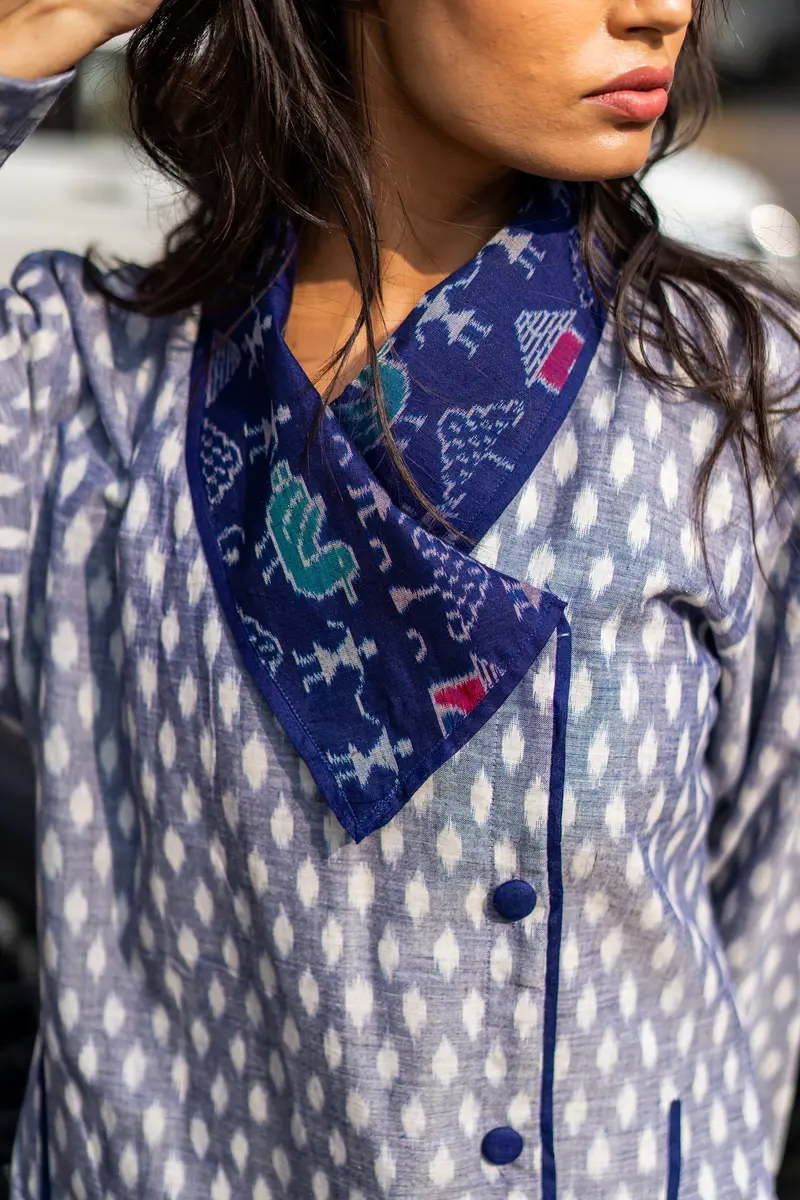 Blue Organic Cotton Ikat Printed Jacket