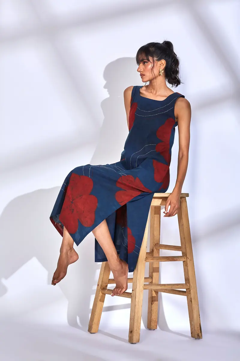 Blue Printed Midi Dress with side slit