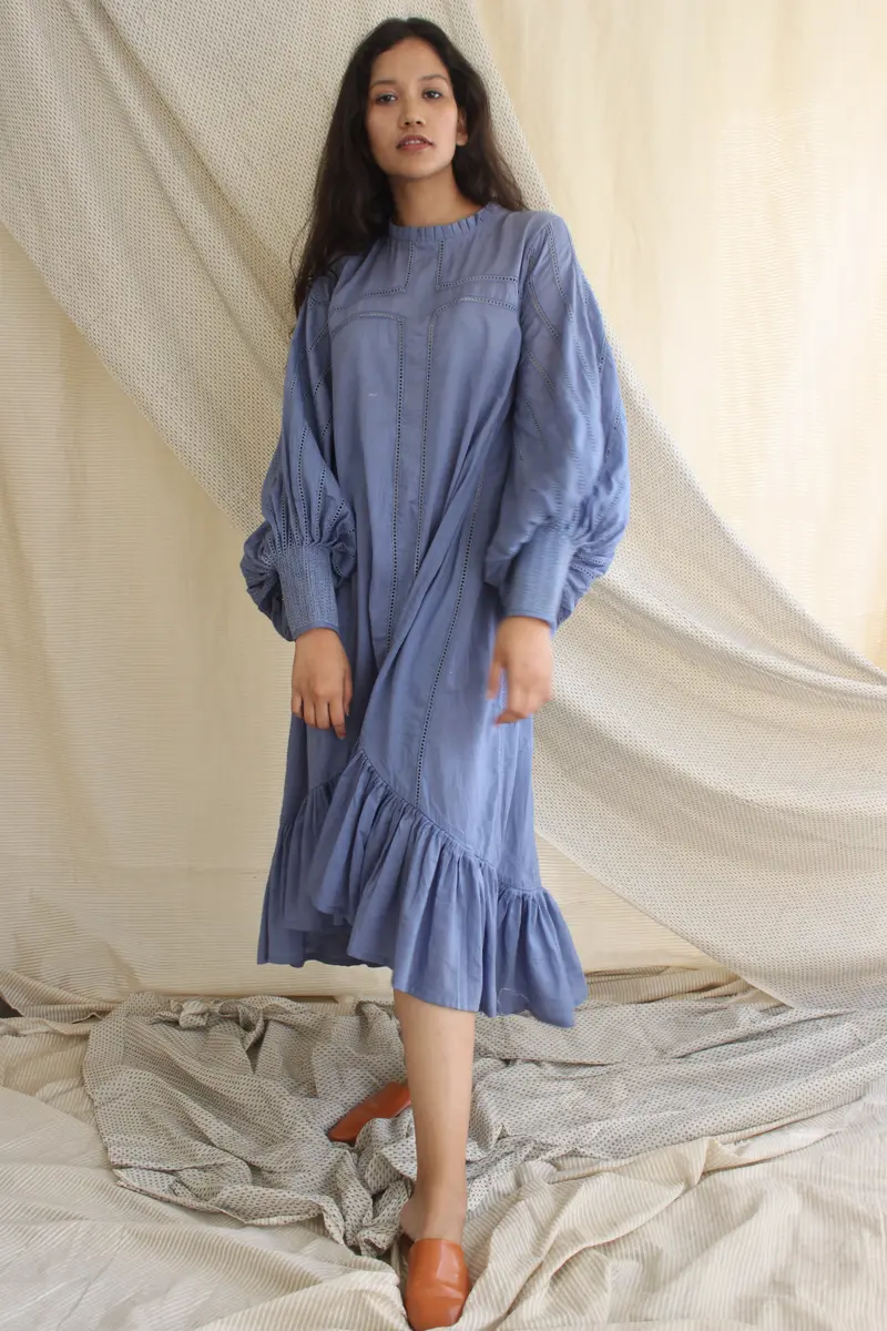 Blue Ruffle Full Sleeves Dress