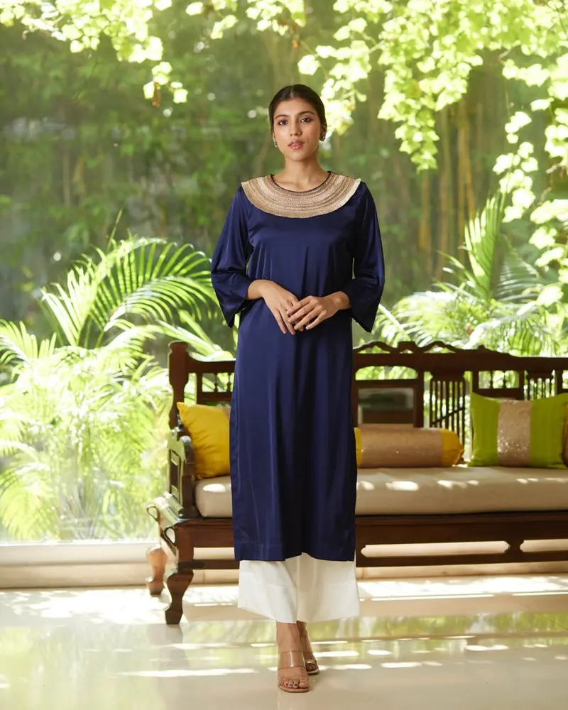 Blue Satin Silk Kurta Set