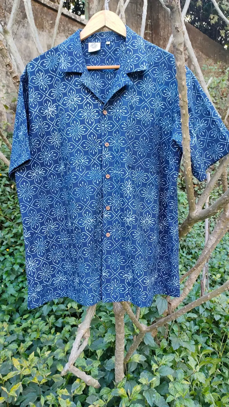 Blue Shirt with Ajrakh Print