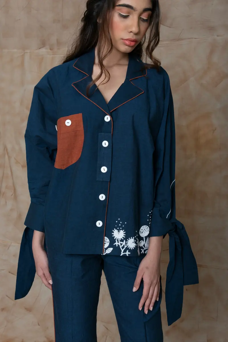 Blue Shirt with Shell Tucks Collar