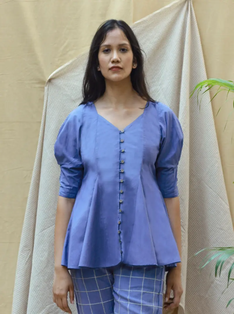 Blue V-Neck Cotton Shirt